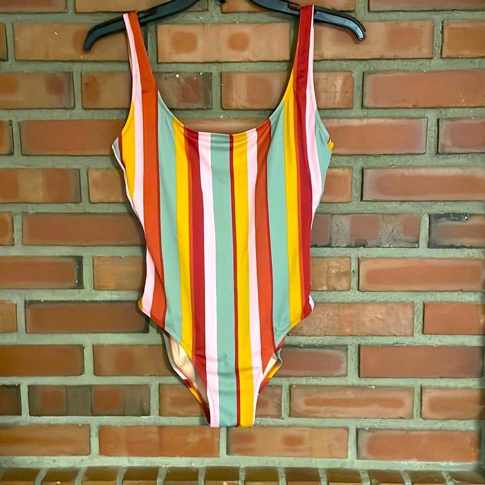 Madewell striped hicut bathing suit small orange teal muted tones one piece - Picture 3 of 11